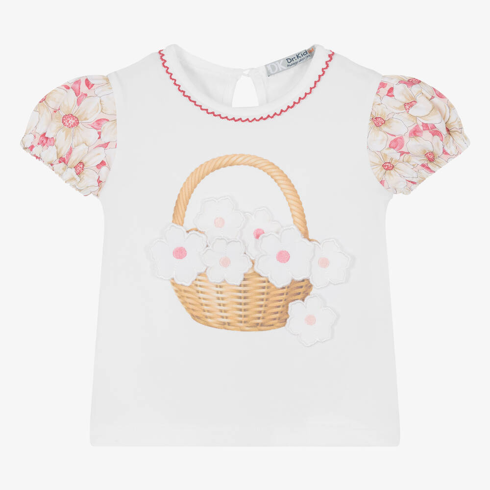 Dr. Kid - Girls White Cotton Flower T-Shirt | Childrensalon