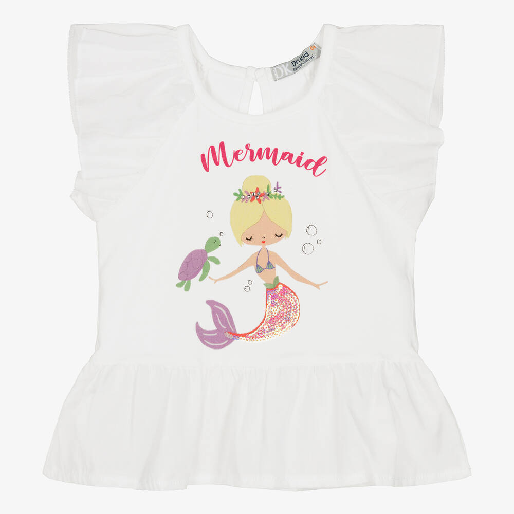Dr. Kid - Girls White Cotton Mermaid T-Shirt | Childrensalon