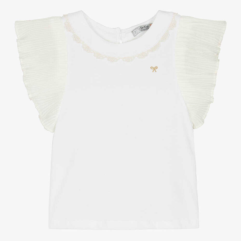 Dr. Kid - Girls White Cotton Pleated Sleeves T-Shirt | Childrensalon
