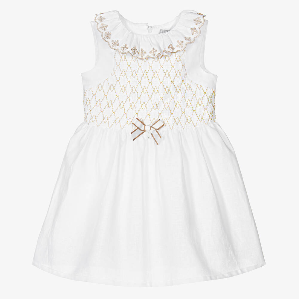 Dr Kid Babies' Girls White Linen Smocked Dress