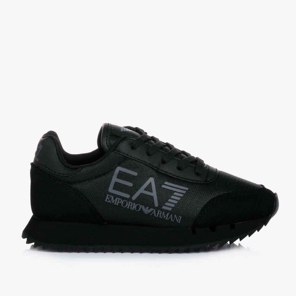 EA7 Emporio Armani - Black Mesh & Faux Leather Trainers | Childrensalon