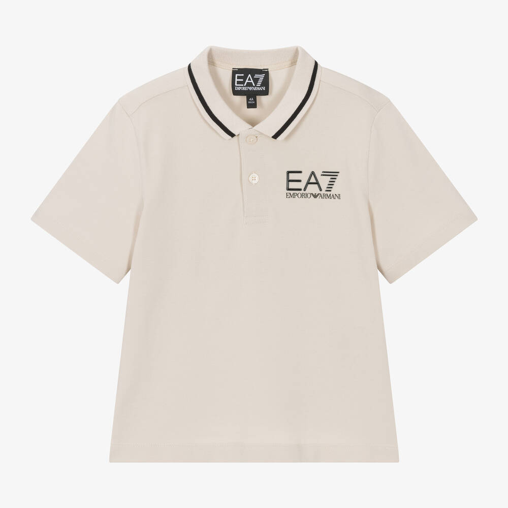 EA7 Emporio Armani - Boys Beige Cotton Polo Shirt | Childrensalon