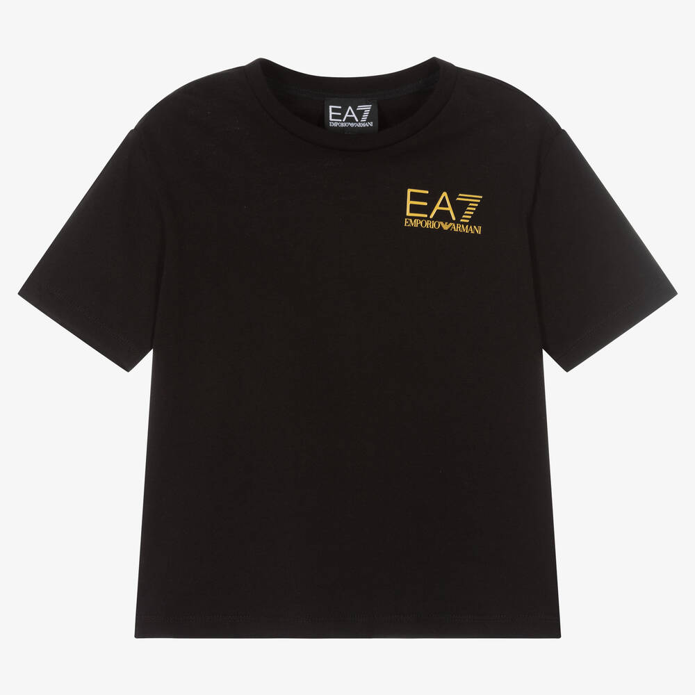 EA7 Emporio Armani - Boys Black Cotton Logo T-Shirt | Childrensalon