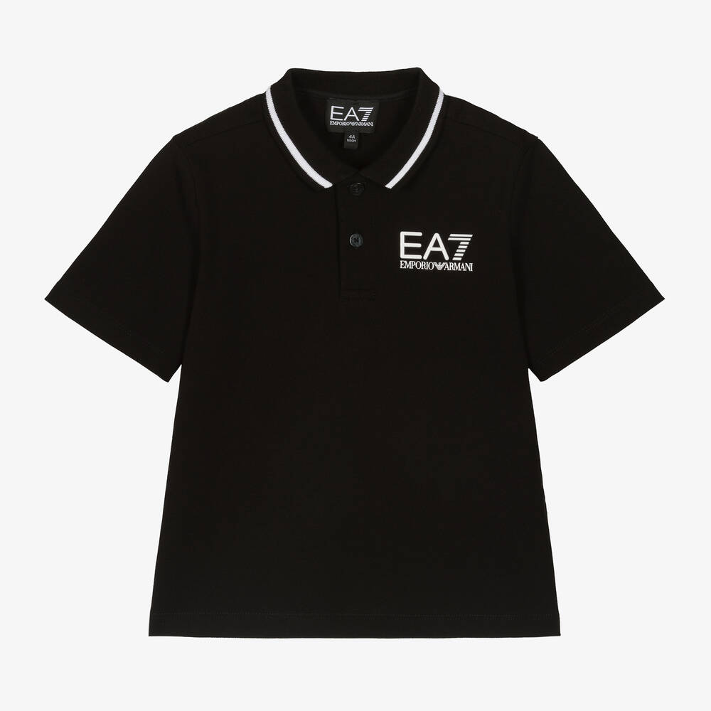EA7 Emporio Armani - توب بولو قطن بيكيه لون أسود للأولاد | Childrensalon