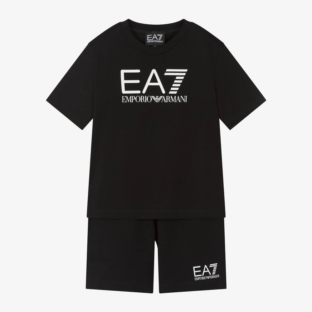EA7 Emporio Armani - طقم شورت قطن لون أسود للأولاد | Childrensalon