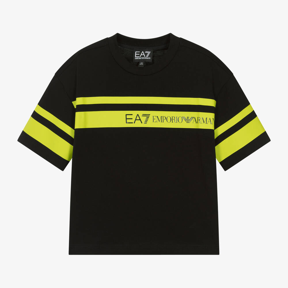 EA7 Emporio Armani - Boys Black Cotton Striped T-Shirt | Childrensalon