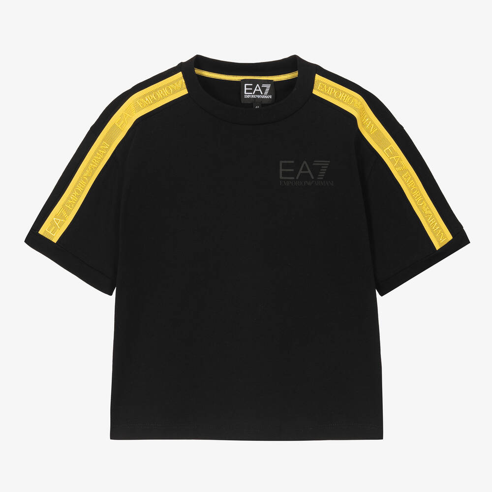 EA7 Emporio Armani - Boys Black Cotton Taped T-Shirt | Childrensalon