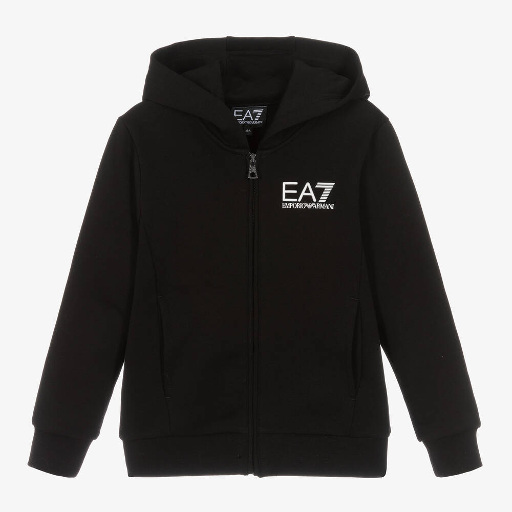 EA7 Emporio Armani - Boys Black Cotton Zip-Up Hoodie | Childrensalon