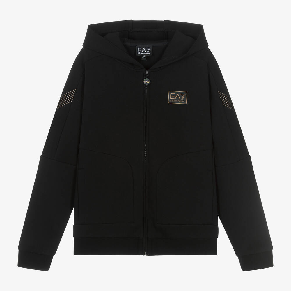 EA7 Emporio Armani - Boys Black Cotton Zip-Up Top | Childrensalon