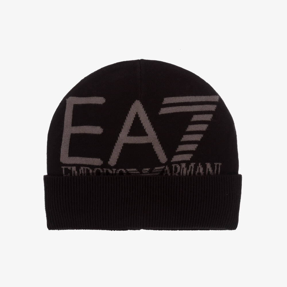 EA7 Emporio Armani - Boys Black EA7 Logo Beanie Hat | Childrensalon