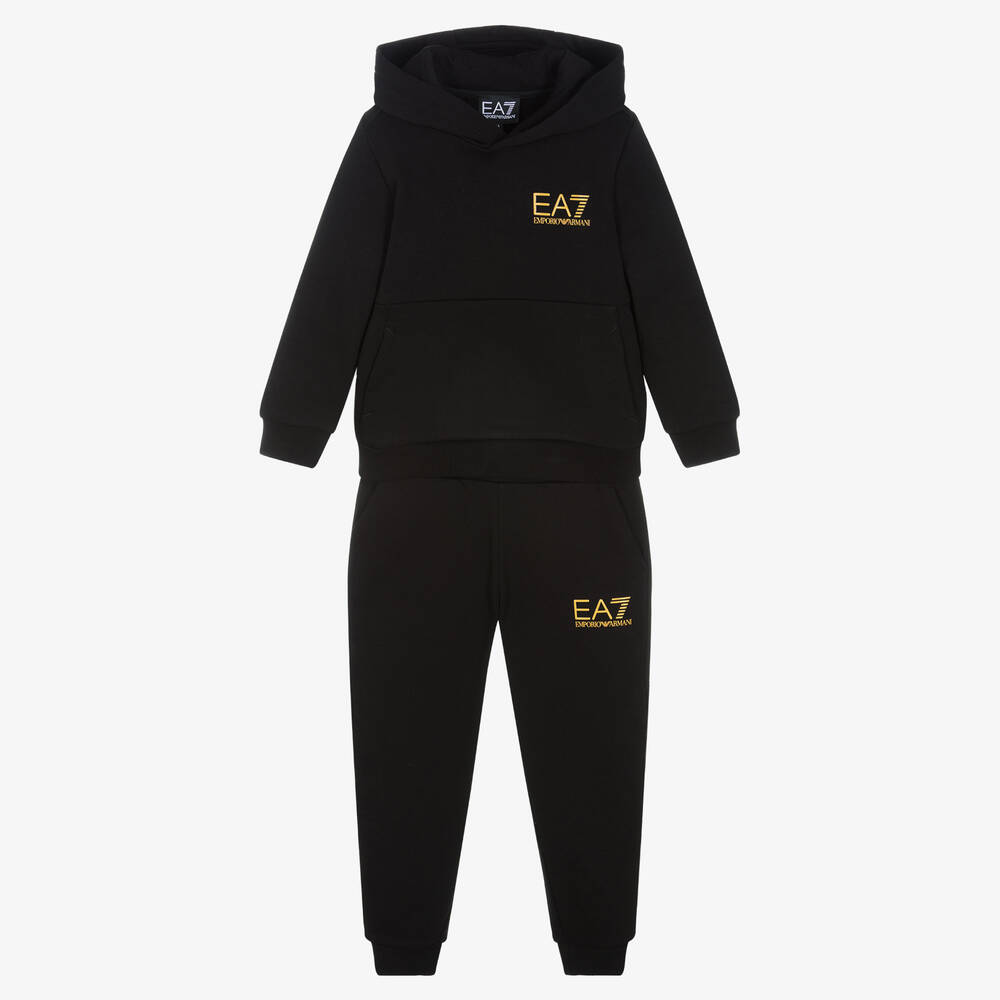 EA7 Emporio Armani - بدلة رياضية قطن جيرسي لون أسود وذهبي للأولاد | Childrensalon