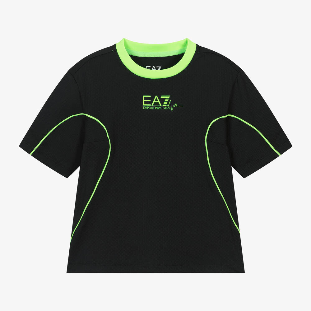 EA7 Emporio Armani - Boys Black & Green T-Shirt | Childrensalon