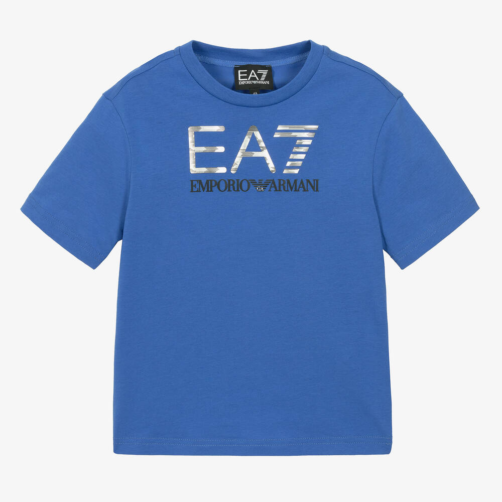 EA7 Emporio Armani - Boys Blue Cotton EA7 T-Shirt | Childrensalon