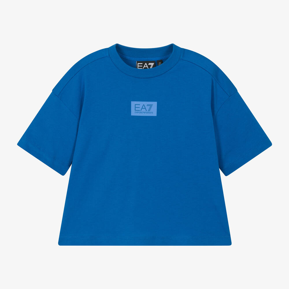 EA7 Emporio Armani - Boys Blue Cotton Oversized T-Shirt | Childrensalon