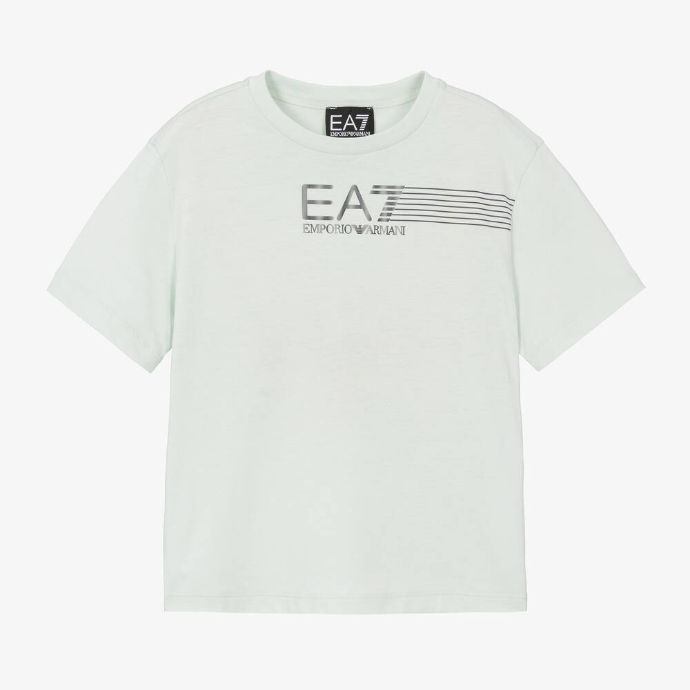 EA7 Emporio Armani - Голубая хлопковая футболка со светоотражающей надписью EA7 | Childrensalon
