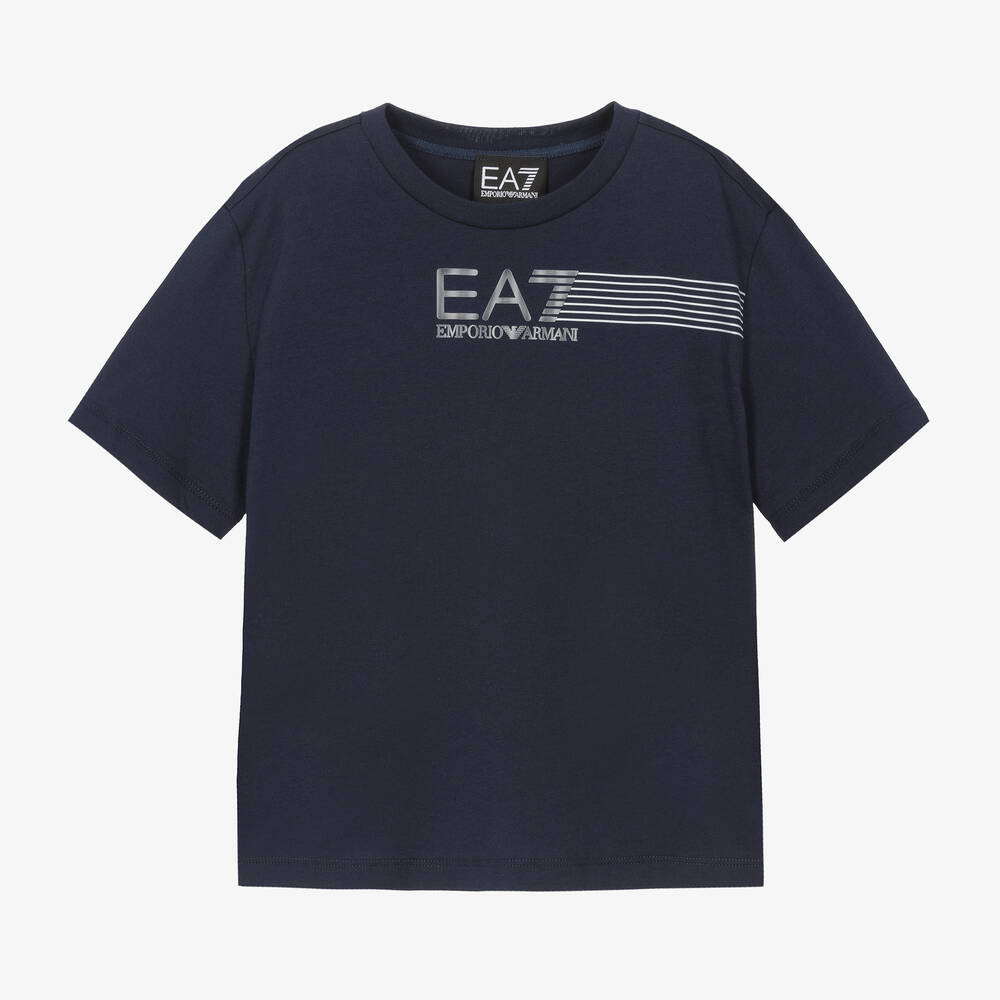 EA7 Emporio Armani - Синяя хлопковая футболка со светоотражающей надписью EA7 | Childrensalon