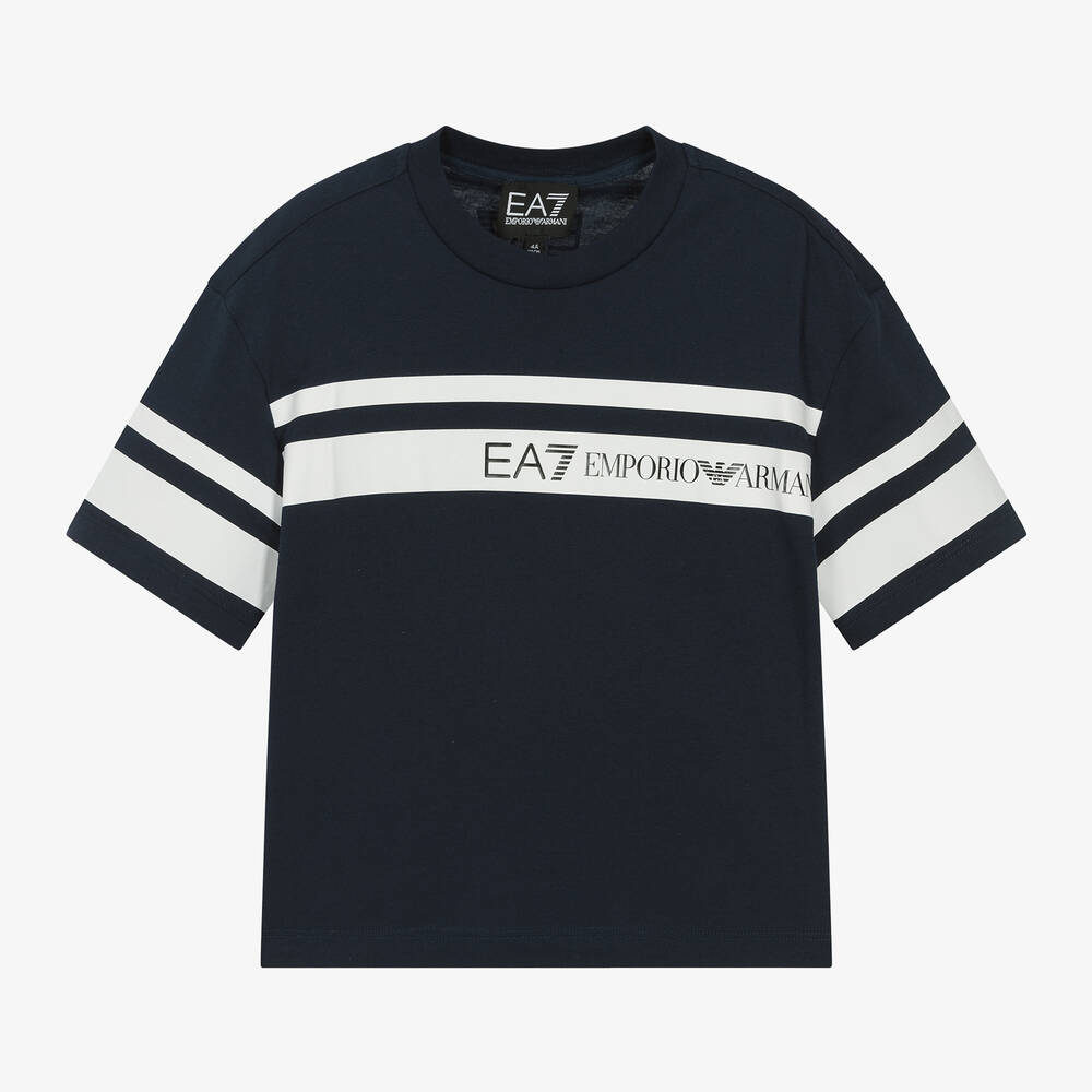 EA7 Emporio Armani - Boys Blue Cotton Striped T-Shirt | Childrensalon
