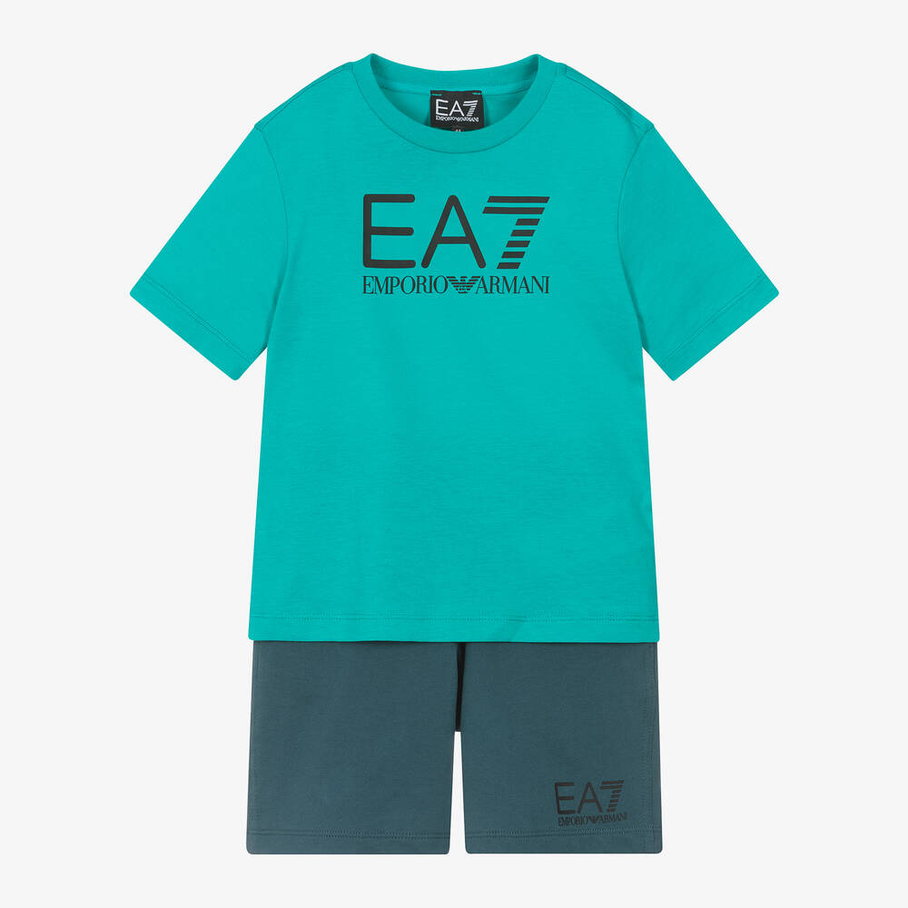 EA7 Emporio Armani - Boys Green & Blue Cotton Shorts Set | Childrensalon