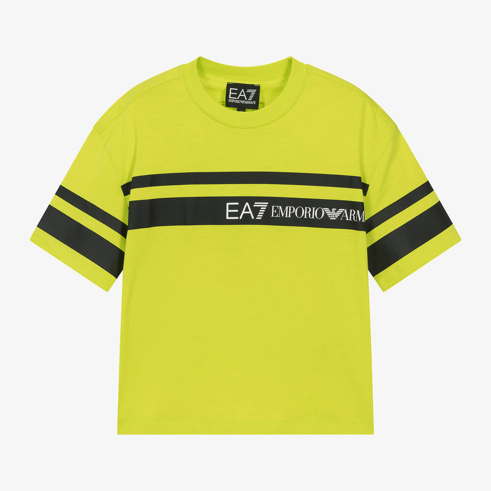 EA7 Emporio Armani - Boys Green Cotton Striped T-Shirt | Childrensalon