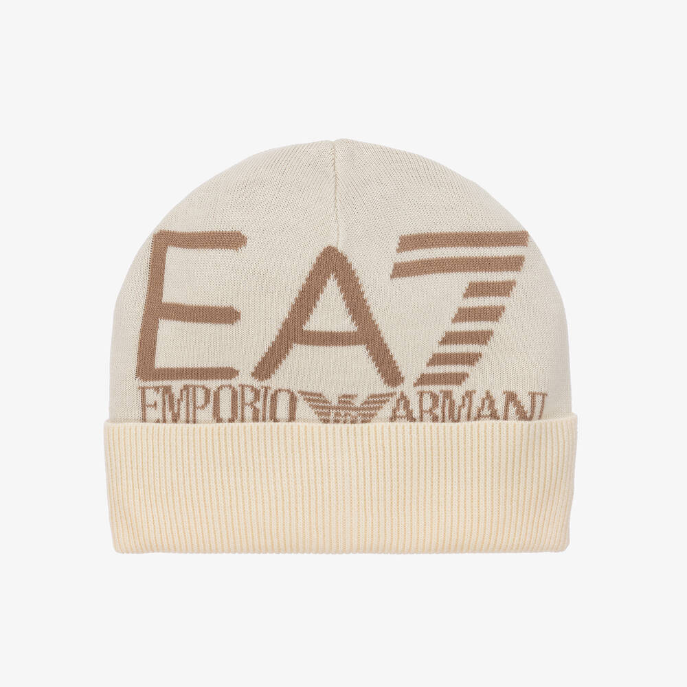 EA7 Emporio Armani - Boys Ivory EA7 Logo Beanie Hat | Childrensalon