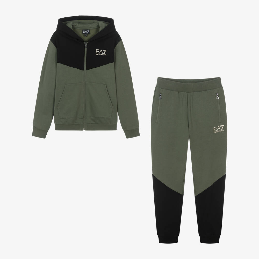 EA7 Emporio Armani - Boys Khaki Green Cotton Colourblock Tracksuit | Childrensalon