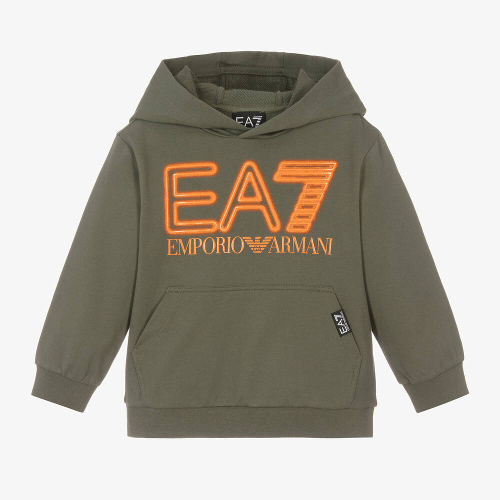 EA7 Emporio Armani - Boys Khaki Green Cotton Hoodie | Childrensalon