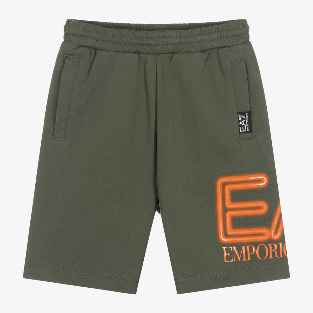 EA7 Emporio Armani - Boys Khaki Green Cotton Oversized Shorts | Childrensalon
