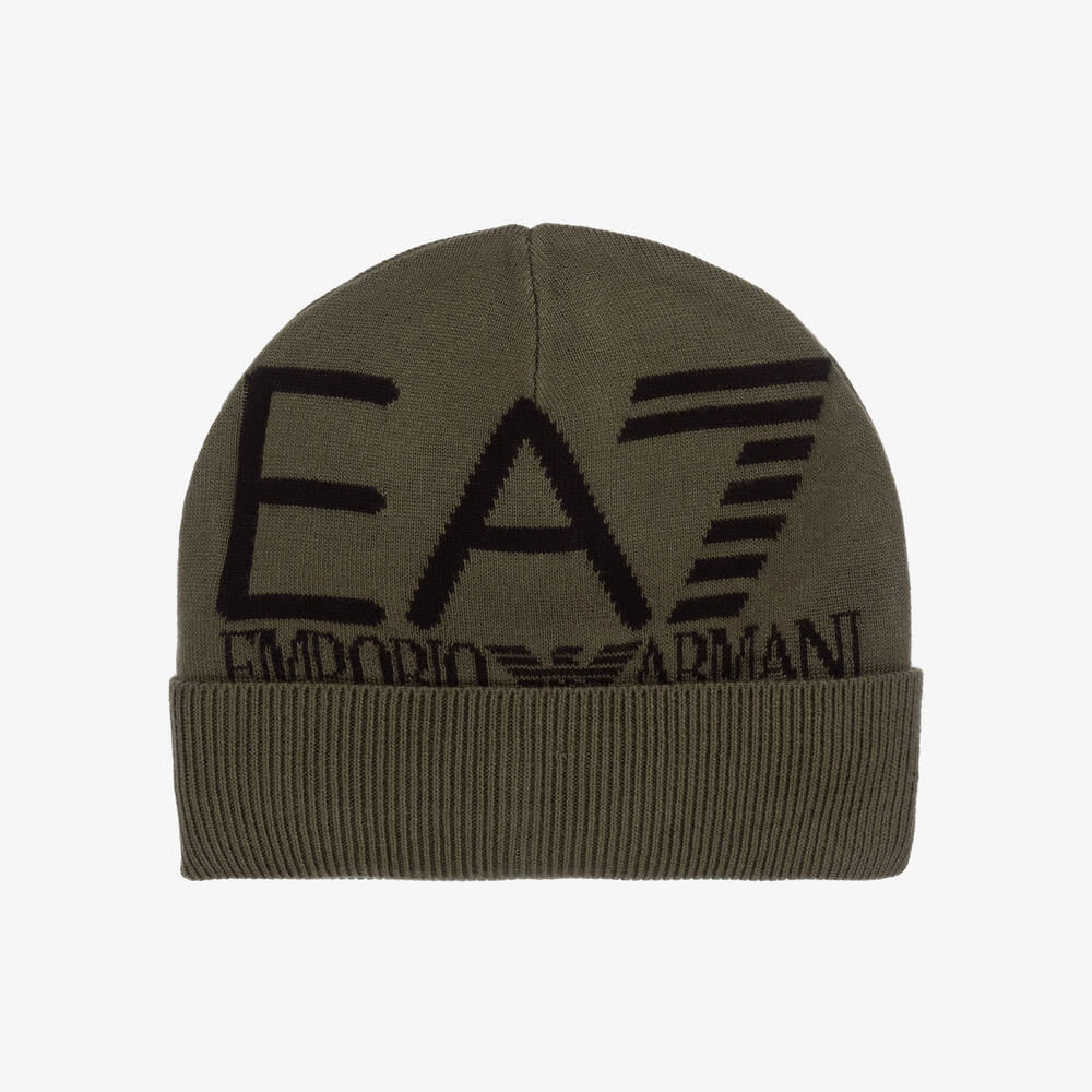 EA7 Emporio Armani - Boys Khaki Green EA7 Logo Beanie Hat | Childrensalon