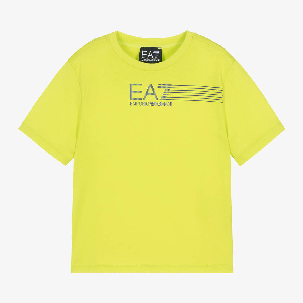 EA7 Emporio Armani - Boys Lime Green Cotton Reflective EA7 T-Shirt | Childrensalon
