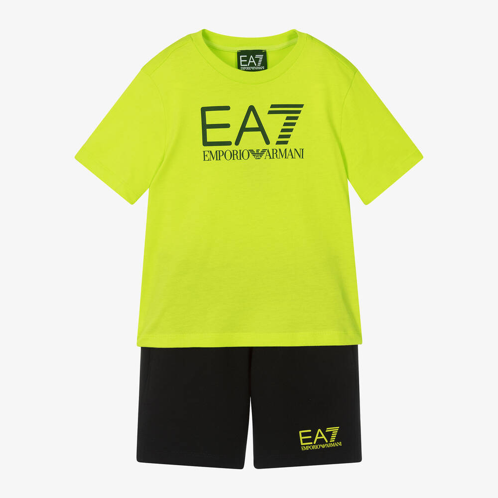EA7 Emporio Armani - طقم شورت قطن جيرسي لون أخضر ليموني للأولاد | Childrensalon