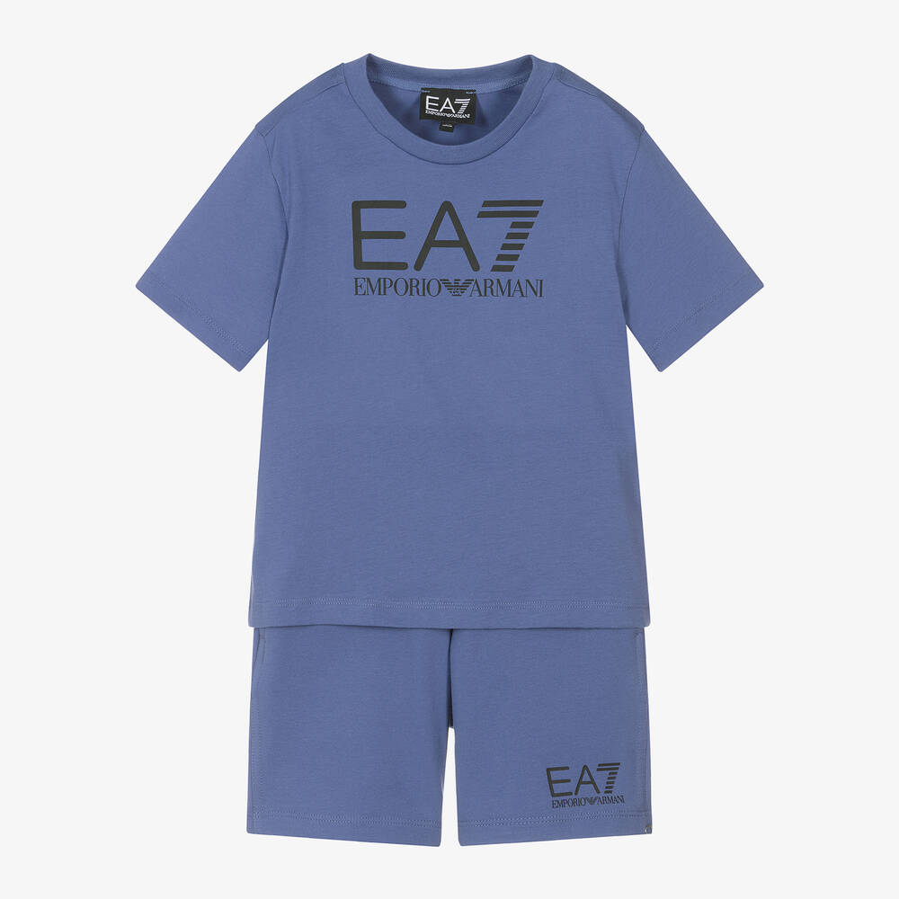 EA7 Emporio Armani - Boys Marlin Blue Cotton Shorts Set | Childrensalon