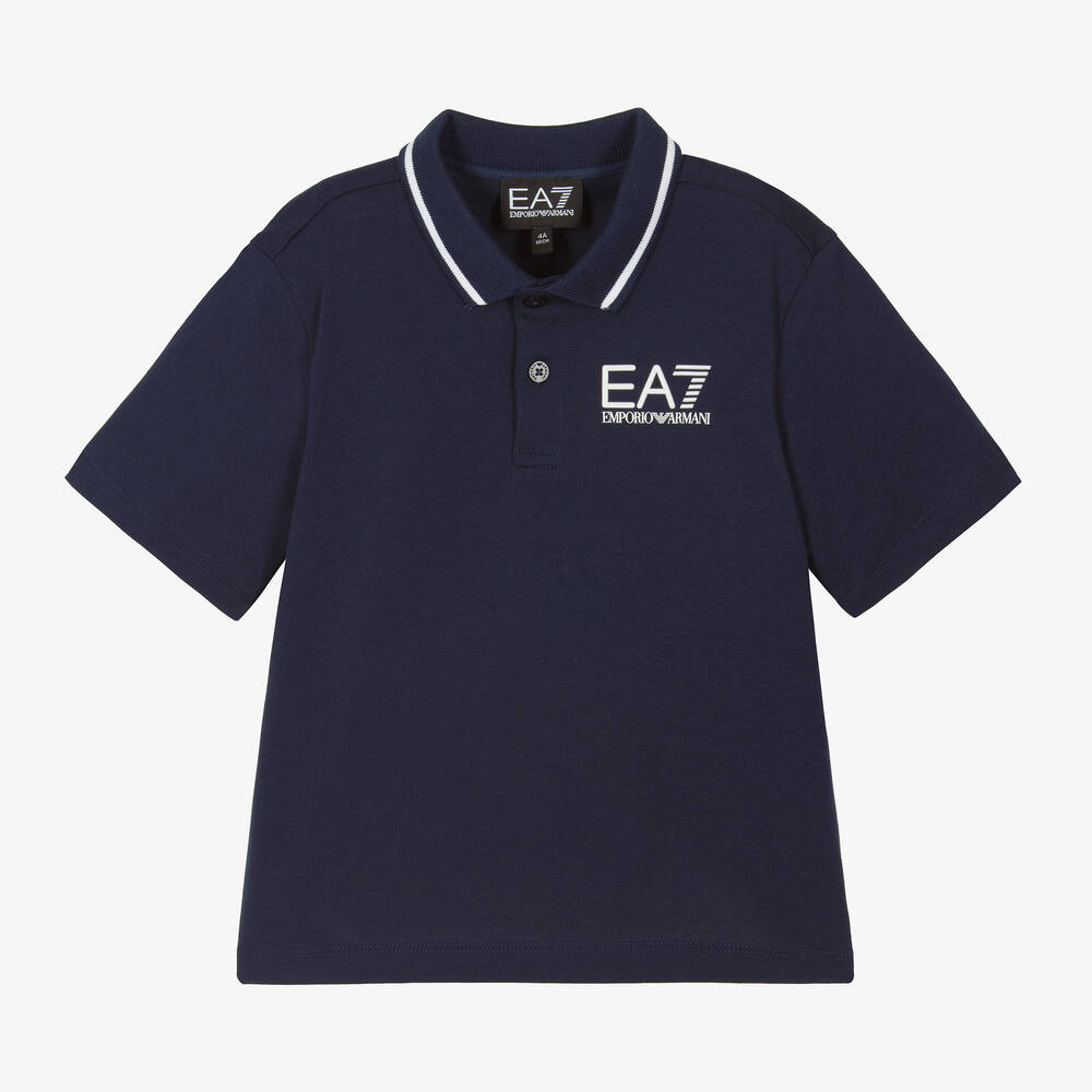 EA7 Emporio Armani - Синяя рубашка поло из хлопка для мальчиков | Childrensalon