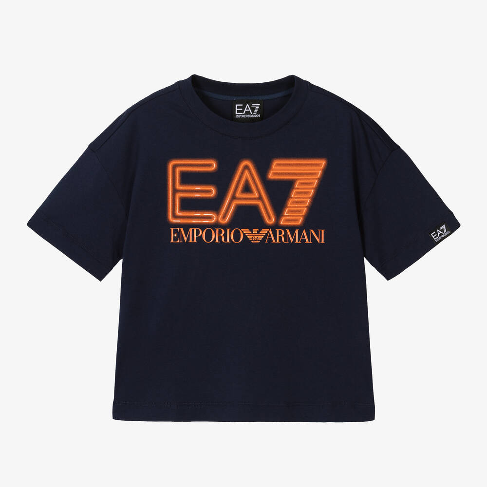 EA7 Emporio Armani - Boys Navy Blue Cotton T-Shirt | Childrensalon