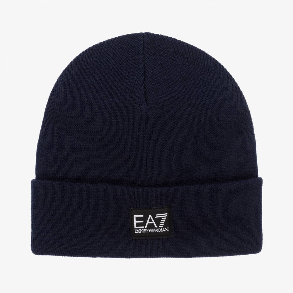 EA7 Emporio Armani - Boys Navy Blue Knitted Beanie Hat | Childrensalon