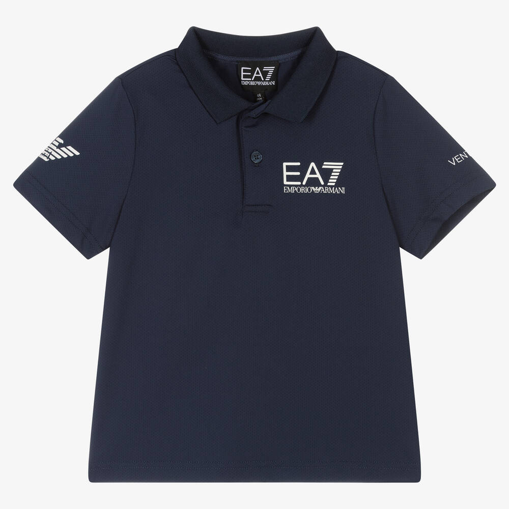 EA7 Emporio Armani - Синяя рубашка поло из материала Ventus7 для мальчиков | Childrensalon