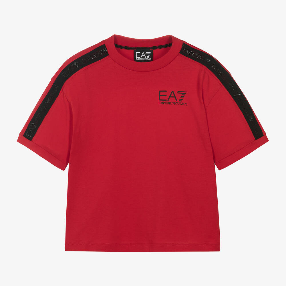 EA7 Emporio Armani - Boys Red Cotton Taped T-Shirt | Childrensalon