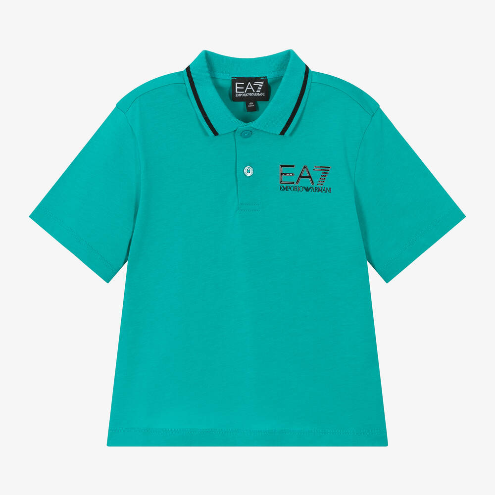 EA7 Emporio Armani - Boys Sea Green Cotton Polo Shirt | Childrensalon