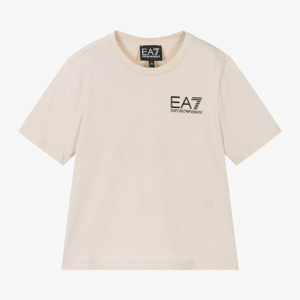 EA7 Emporio Armani - Boys Stone Beige Cotton T-Shirt | Childrensalon