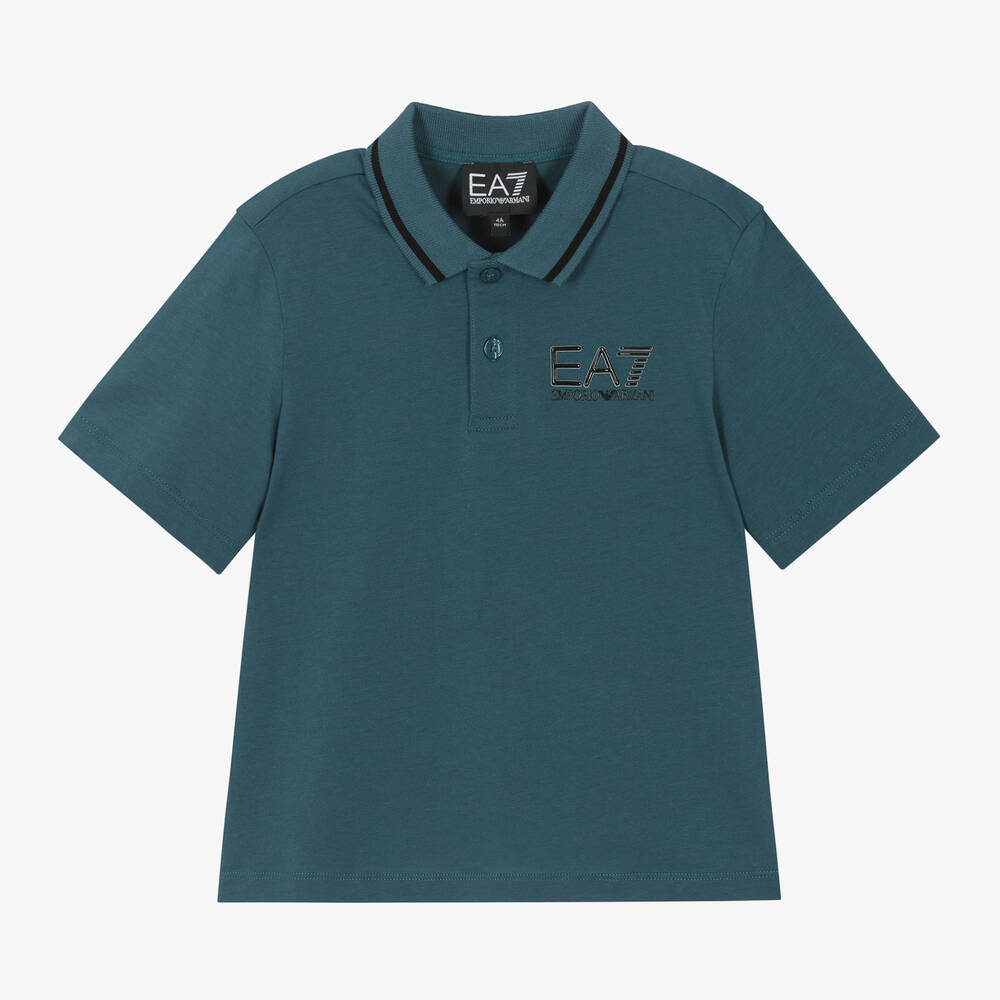 EA7 Emporio Armani - Boys Teal Blue Cotton Polo Shirt | Childrensalon