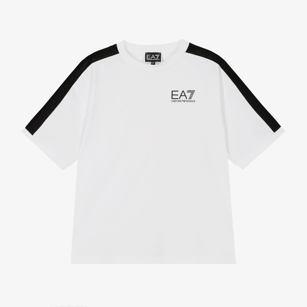 EA7 Emporio Armani - Boys White Cotton EA7 Logo T-Shirt | Childrensalon