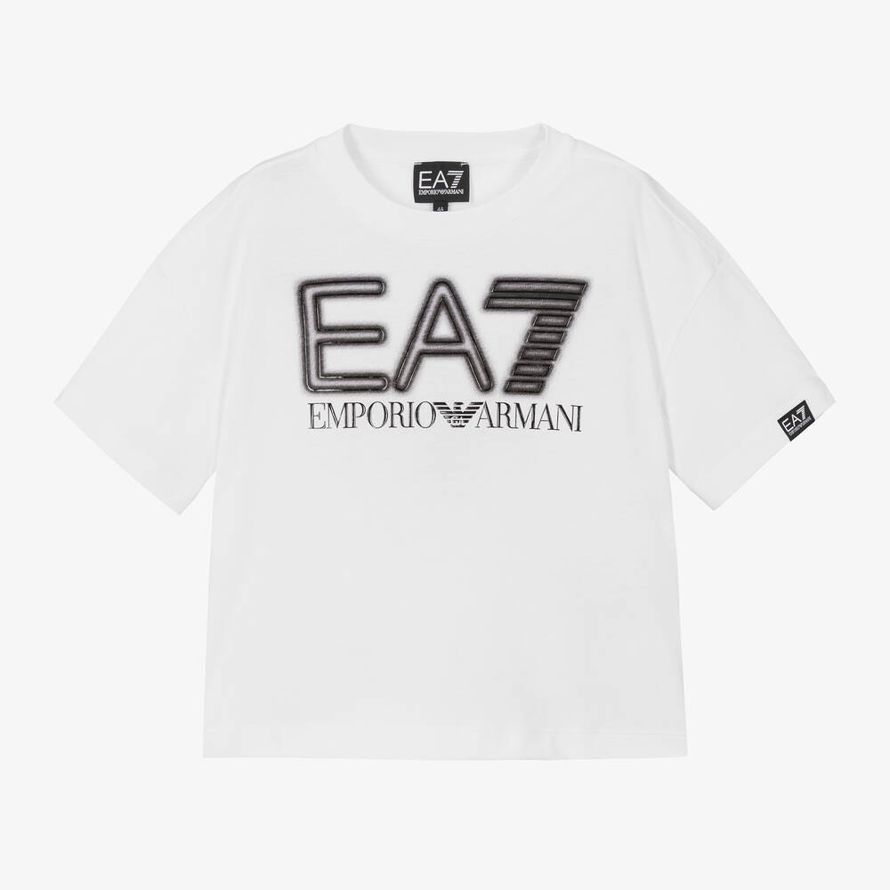 EA7 Emporio Armani - Boys White Cotton Oversized T-Shirt | Childrensalon