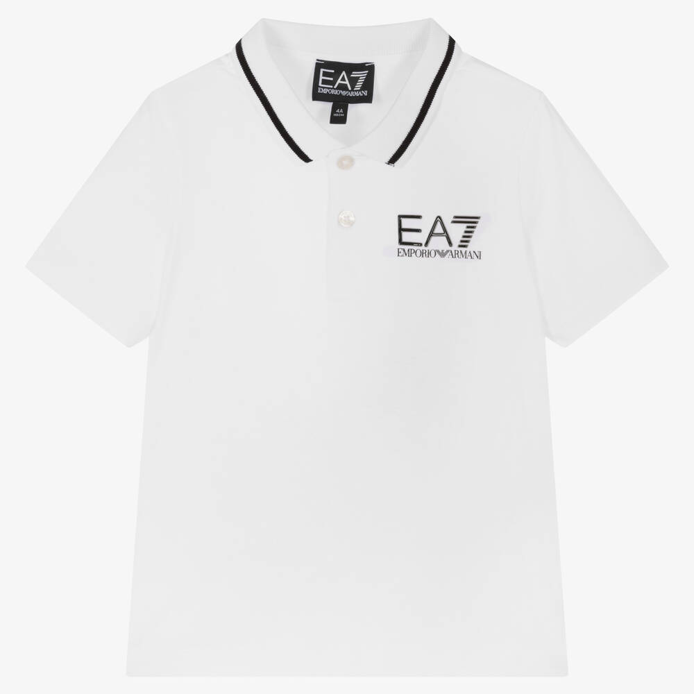 EA7 Emporio Armani - Boys White Cotton Polo Shirt | Childrensalon