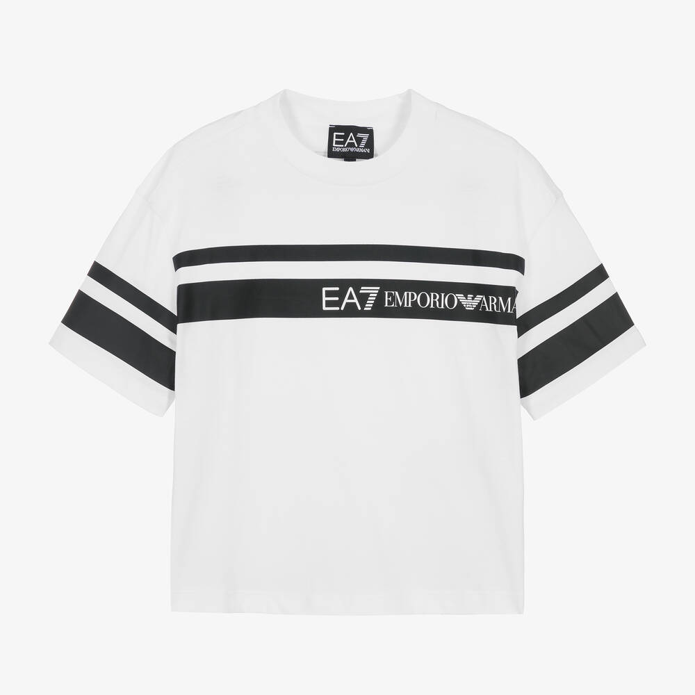 EA7 Emporio Armani - Boys White Cotton Striped T-Shirt | Childrensalon