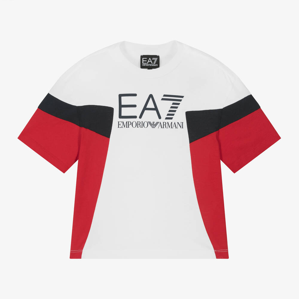 EA7 Emporio Armani - Boys White Cotton T-Shirt | Childrensalon