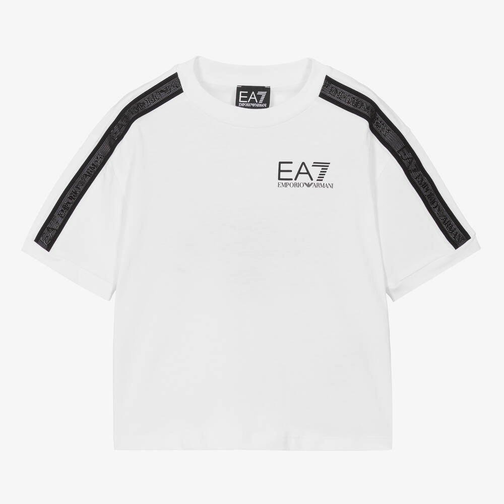 EA7 Emporio Armani - Boys White Cotton Taped T-Shirt | Childrensalon