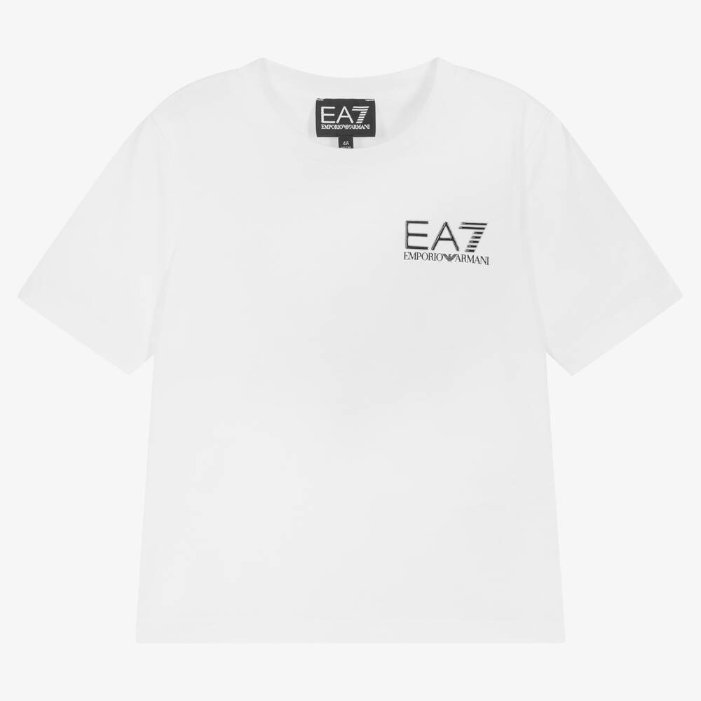 EA7 Emporio Armani - Boys White EA7 Cotton T-Shirt | Childrensalon
