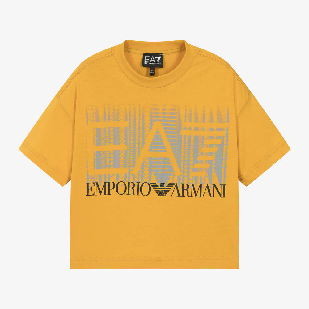 EA7 Emporio Armani - Boys Yellow Cotton Graphic T-Shirt | Childrensalon