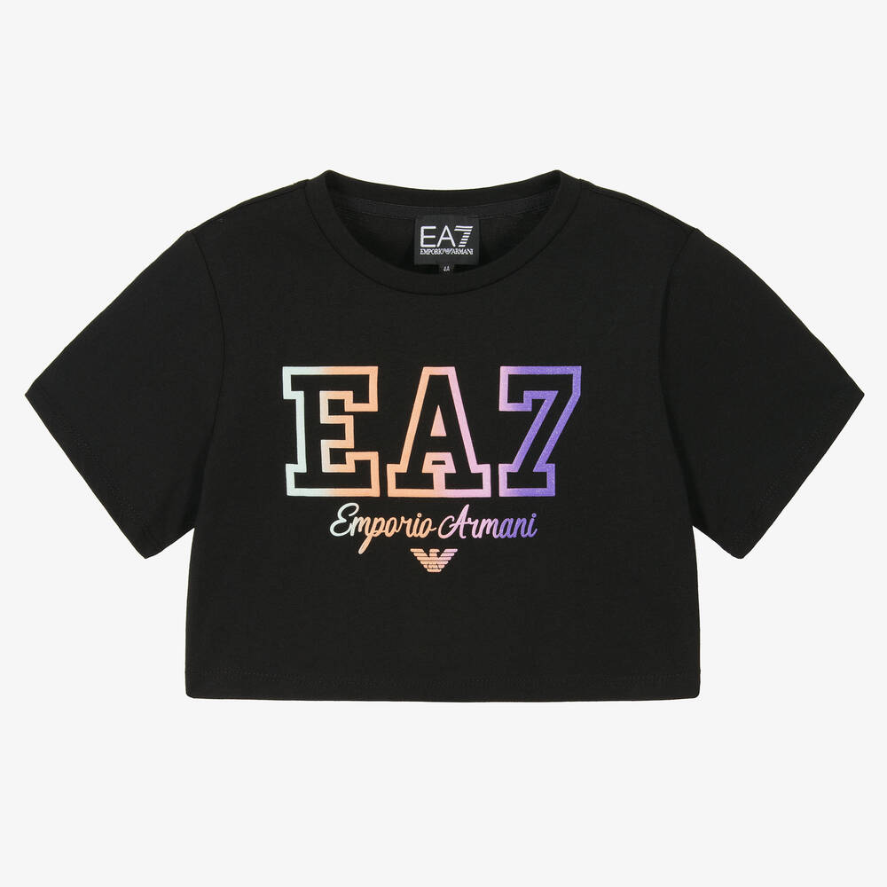 EA7 Emporio Armani - Girls Black Cotton Cropped T-Shirt | Childrensalon