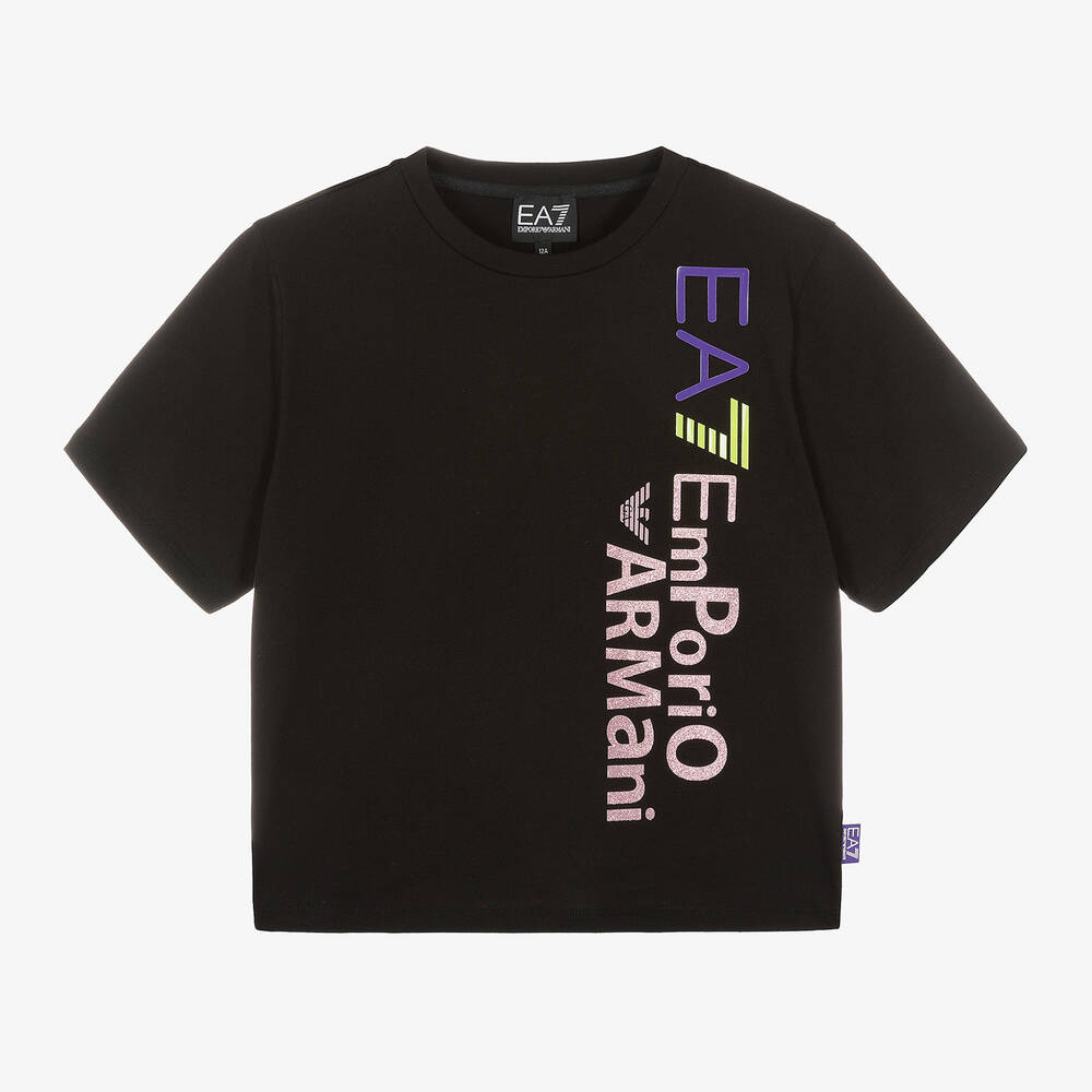 EA7 Emporio Armani - Girls Black Cotton EA7 T-Shirt | Childrensalon