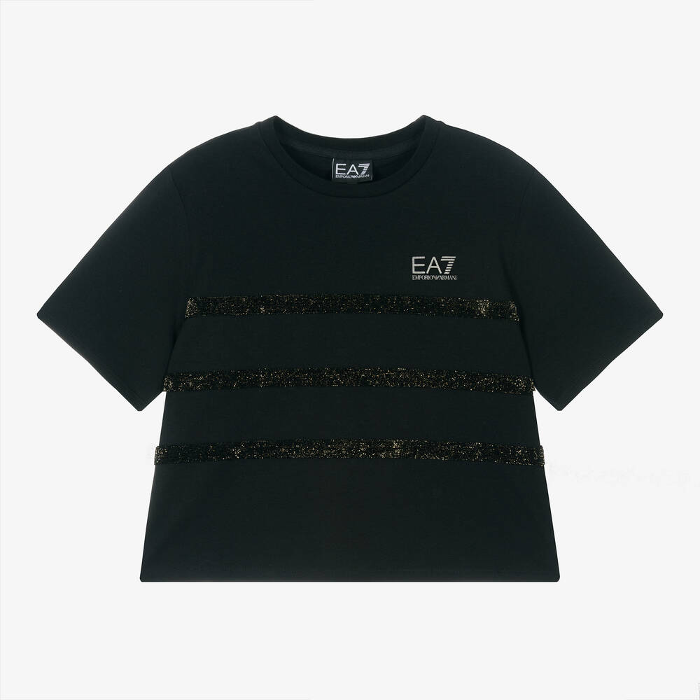 EA7 Emporio Armani - Girls Black Cotton Glitter Stripe T-Shirt | Childrensalon